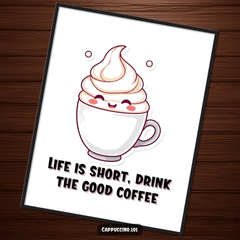 Funny Free Printable Wall Art: A whimsical milk froth character energetically swirling in a coffee cup, radiating pure joy and caffeine.