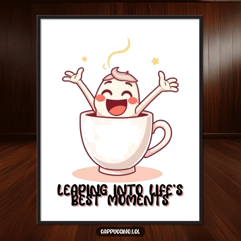 Funny Free Printable Wall Art: An espresso shot character joyfully leaping into a steaming cup with pure, unadulterated glee.