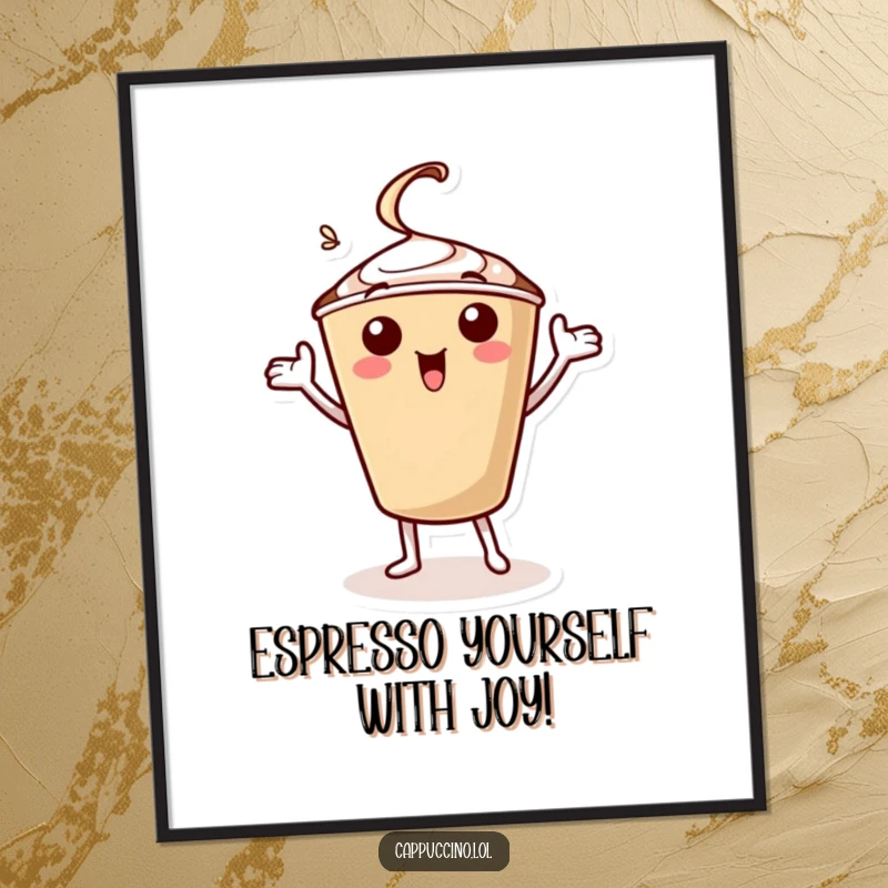 Funny Free Printable Wall Art: A cheerful cappuccino cup character dancing with joy, perfect for coffee lovers.