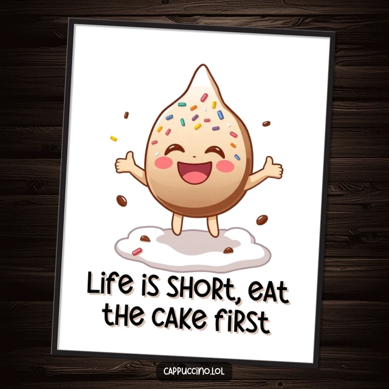 Funny Free Printable Wall Art: A chocolate sprinkle character mid-bounce on coffee foam, radiating infectious laughter and sugary joy.