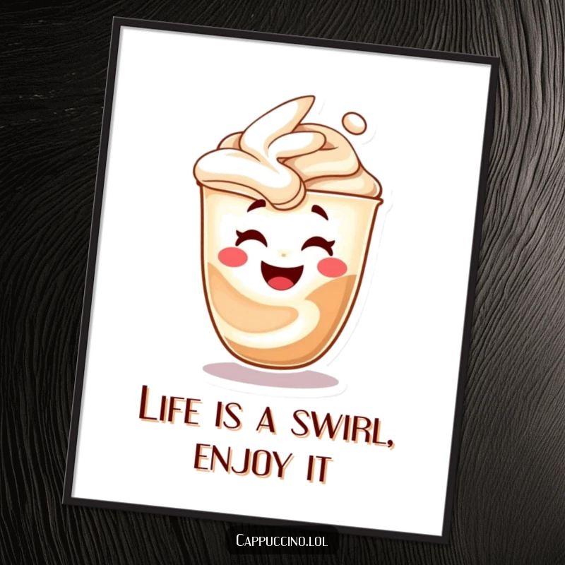 Funny Free Printable wall art: A cappuccino swirl character morphs into a hilarious laughing face, full of coffee energy.