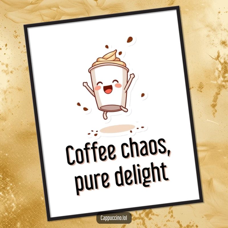 Funny Free Printable Wall Art: Delighted Cappuccino Cup Doing a Playful Somersault, Coffee Powder Exploding Around It.