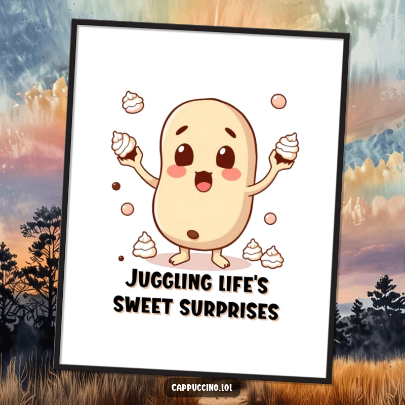 Funny Free Printable Wall Art: A surprised coffee bean character comically juggling tiny dollops of whipped cream, looking astonished.