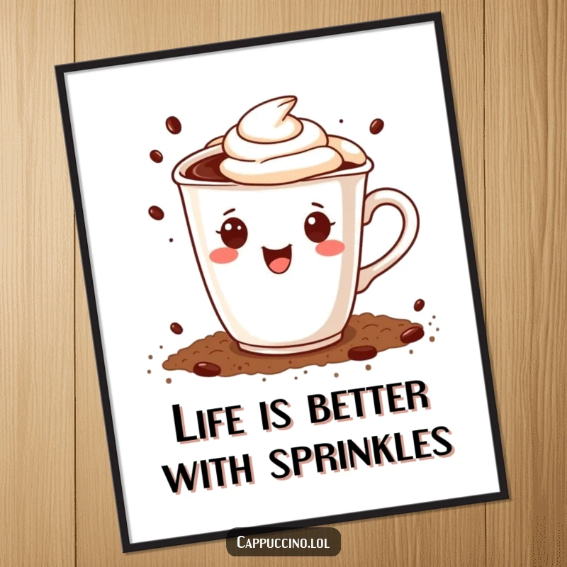 Funny Free Printable Wall Art: Happy cappuccino cup character joyfully sprinkling cocoa powder, sweet coffee decor.