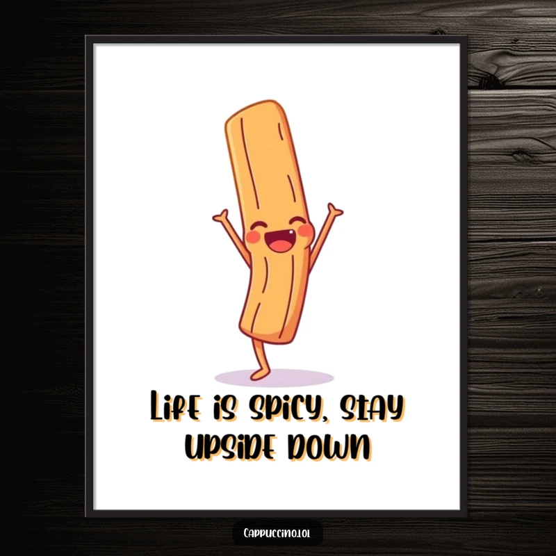 Funny Free Printable Wall Art: A cinnamon stick character hilariously performing a handstand while giggling, full of spicy personality.