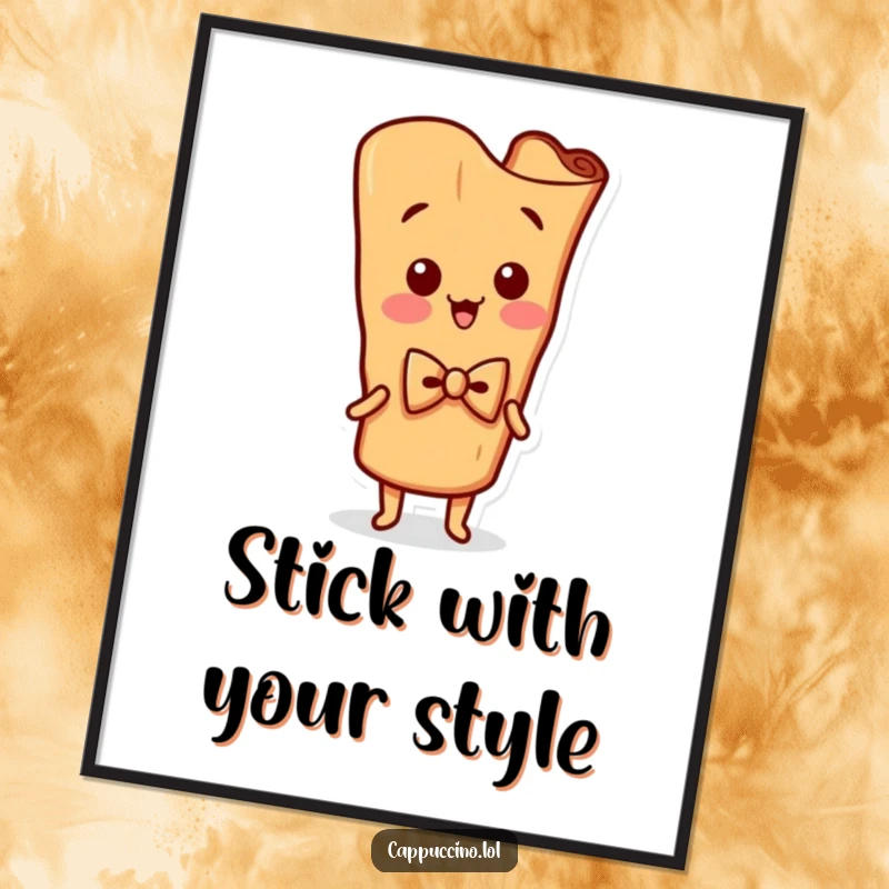 Funny Free Printable Wall Art: A charmingly silly cinnamon stick character, complete with a tiny bowtie, captured mid-wiggle.