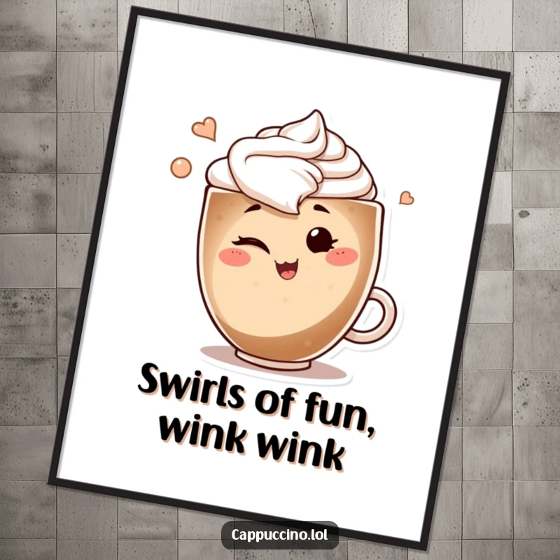 Funny Free Printable Wall Art: A smiling cappuccino art swirl character winking playfully, perfect for coffee lovers.