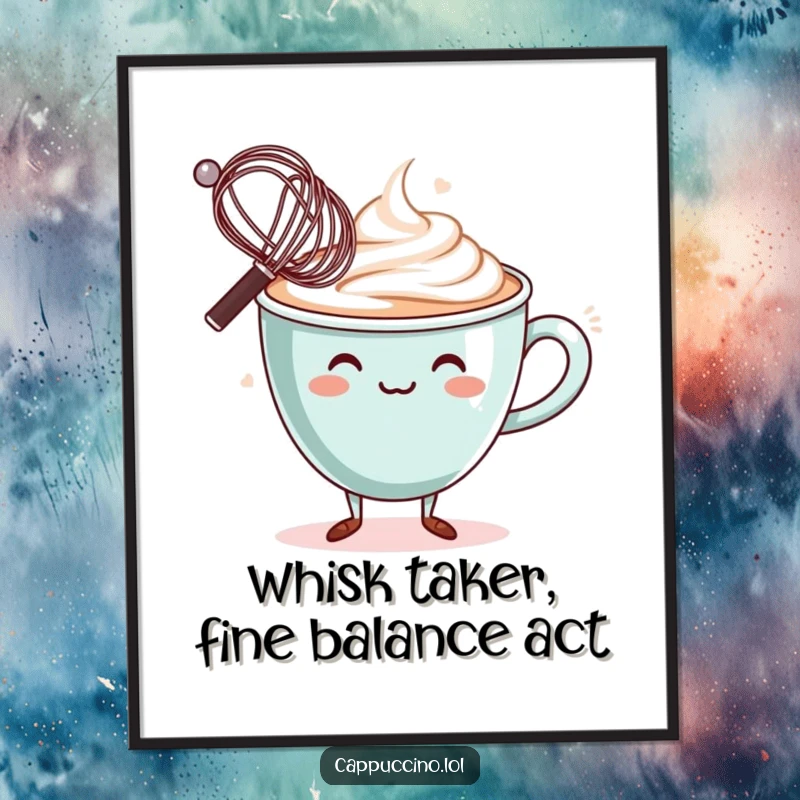 Funny Free Printable Wall Art: Wobbly Cappuccino Character Struggling to Balance a Miniature Whisk on the Edge of its Rim.