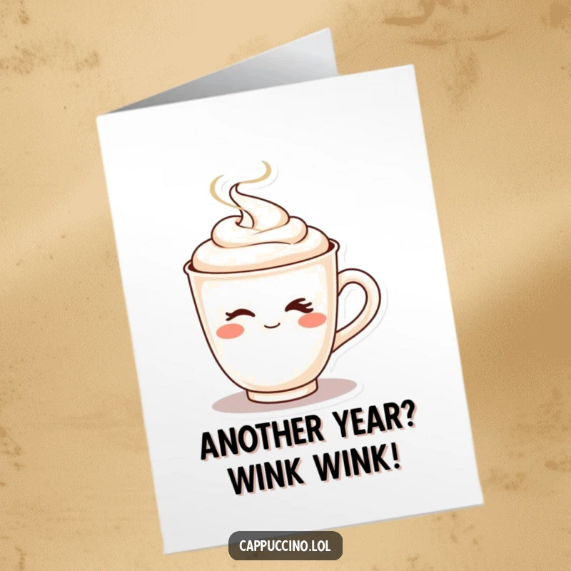 Funny Free Printable Birthday Card: Cappuccino character winking playfully as steam dramatically shoots upwards. A hot birthday message. Instant download.