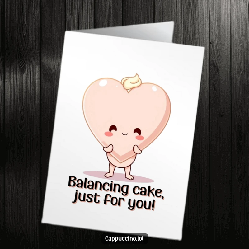 Funny Free Printable Birthday Card: A wobbly cappuccino character balancing a giant foam heart, showing love.
