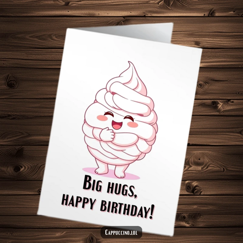 Funny Free Printable birthday card: An excited whipped cream character gives a large, fluffy, welcoming hug.