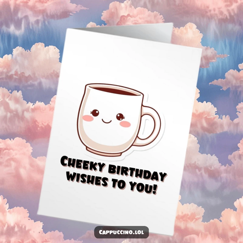 Funny free printable birthday card of a blushing ceramic mug character with a cheeky grin. A playful downloadable gift.