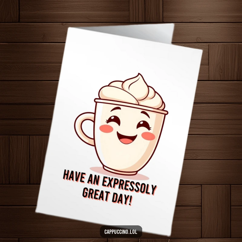 Funny Free Printable Birthday Card featuring a grinning cappuccino cup with foamy art, enthusiastically cheering for the birthday person.