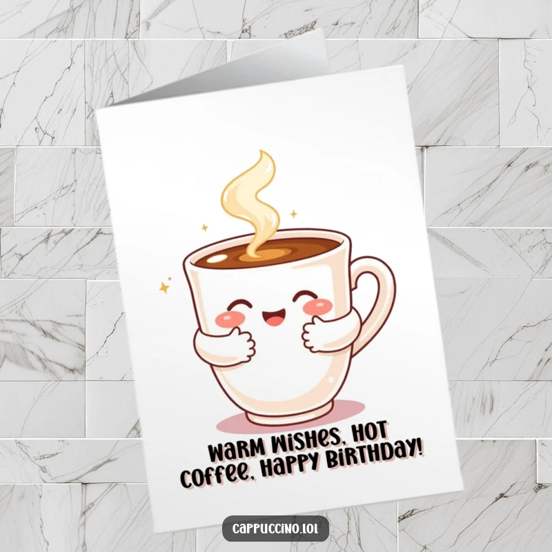 Funny Free Printable Birthday Card: A steaming cappuccino cup with arms giving a warm, bubbly hug, full of affection.