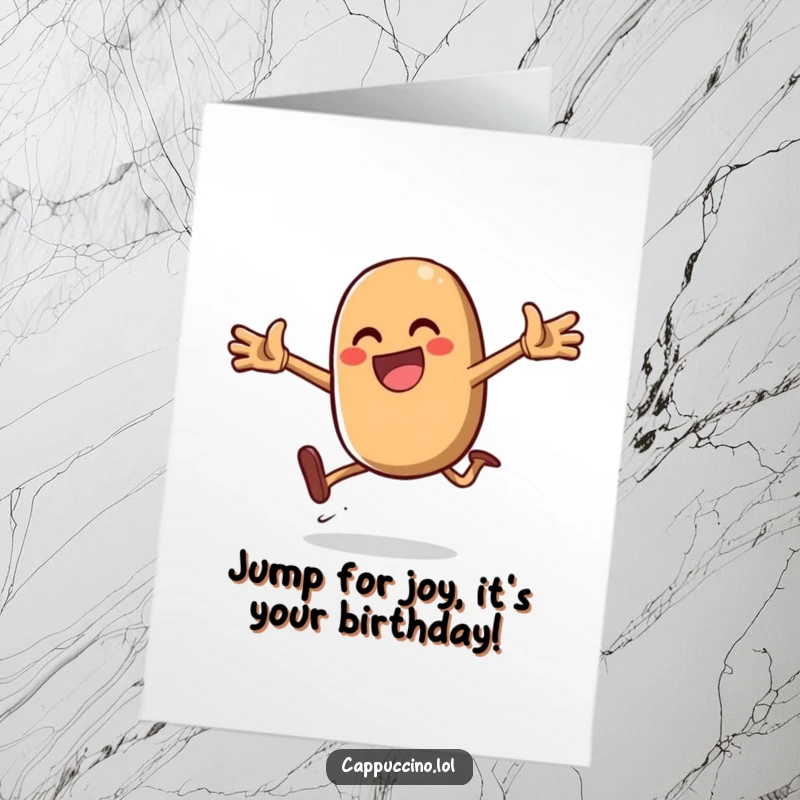 Funny free printable birthday card of a gleeful coffee bean character performing a daring jump. A lively downloadable gift.
