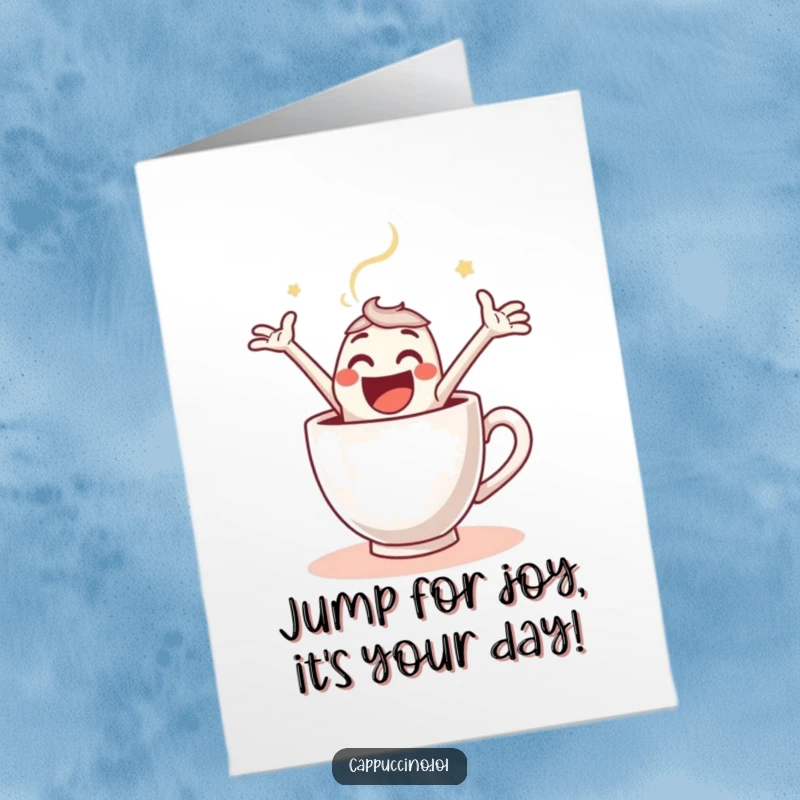 Funny Free Printable Birthday Card: An energetic espresso shot character joyfully leaping into a steaming coffee cup.