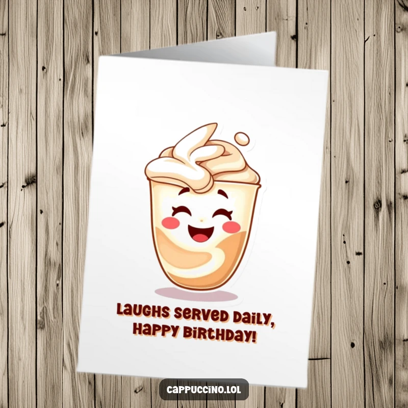 Funny Free Printable birthday card: A coffee swirl character transforms into a laughing face, ready to celebrate.