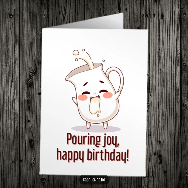 Funny Free Printable birthday card: A mischievous milk pitcher character pours a stream that looks like giggles.