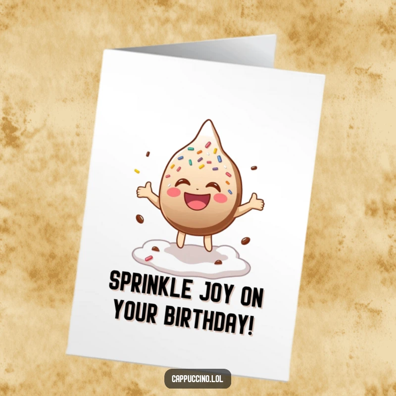 Funny Free Printable Birthday Card: A chocolate sprinkle character joyfully bouncing with laughter on top of coffee foam, celebrating.