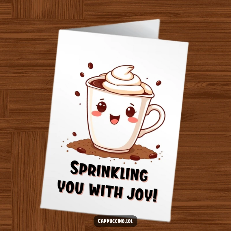 Funny Free Printable Birthday Card: Happy cappuccino cup character sprinkling cocoa powder, sweet coffee fun.