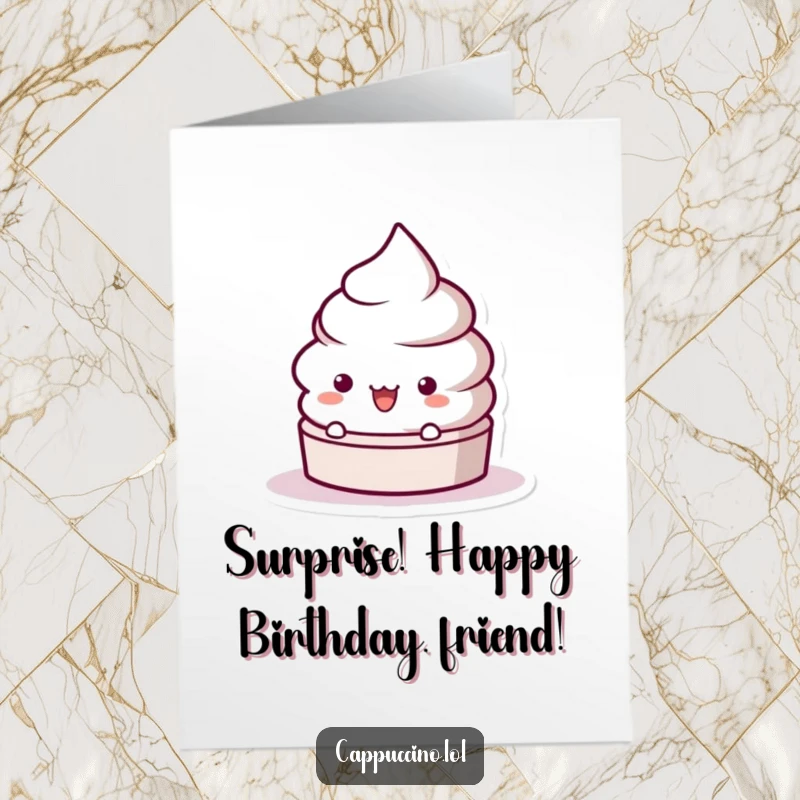 Funny free printable birthday card of a surprised frothy coffee lid character popping up. A hilarious and delightful downloadable gift.
