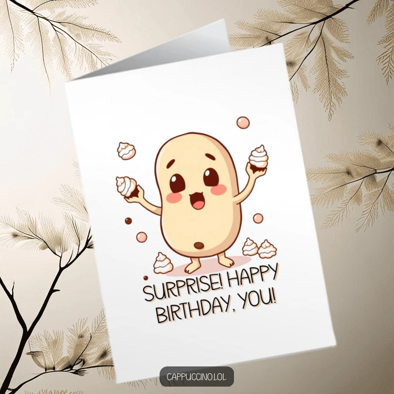 Funny Free Printable Birthday Card: A surprised coffee bean character comically juggling dollops of whipped cream.