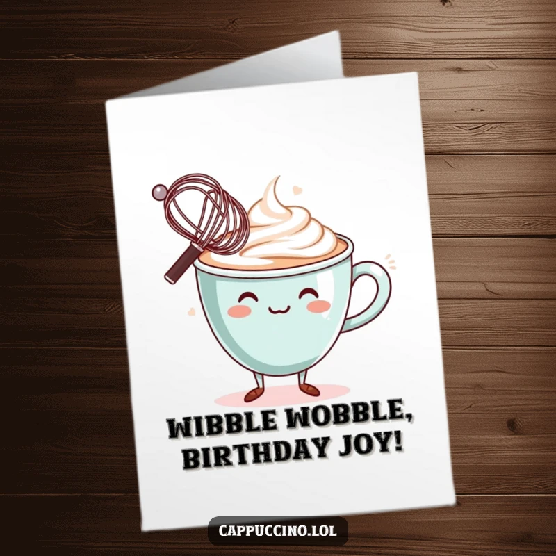 Funny Free Printable Birthday Card: Wobbly Cappuccino Cup Struggling to Balance a Miniature Whisk on its Rim.