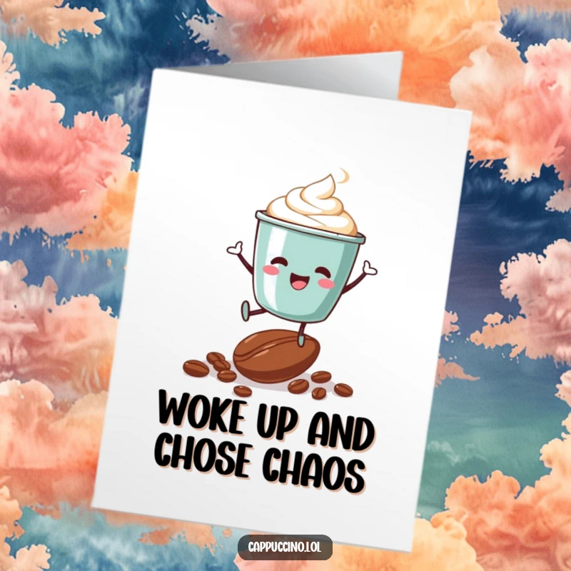 Funny Free Printable Birthday Card: Delighted cappuccino cup character joyfully jumping on a coffee bean, coffee art.