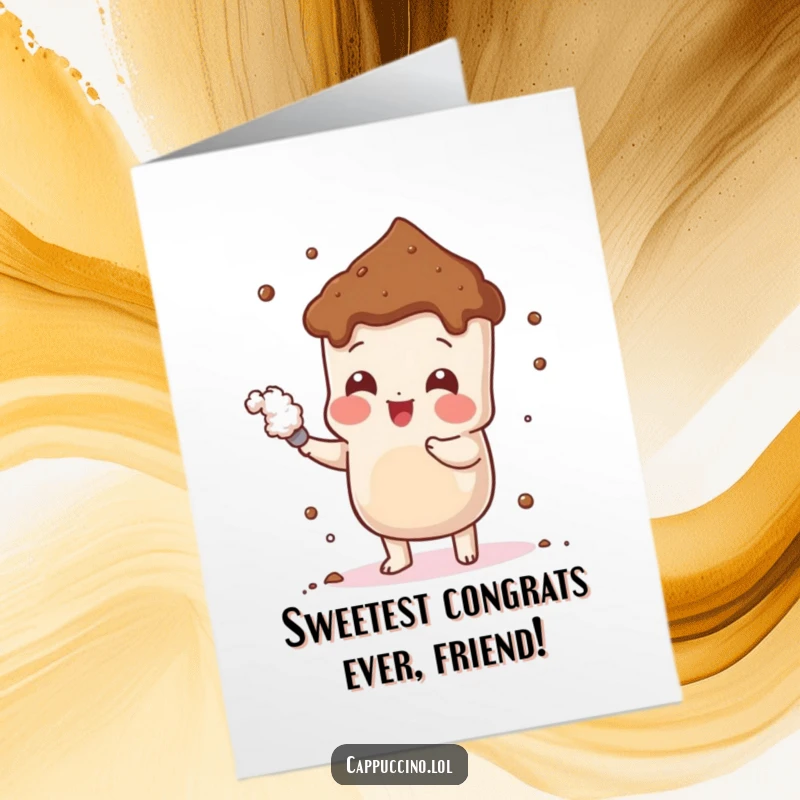 Funny free printable congratulations card featuring a cheerful cocoa powder character playfully dusting itself. A charming downloadable gift.