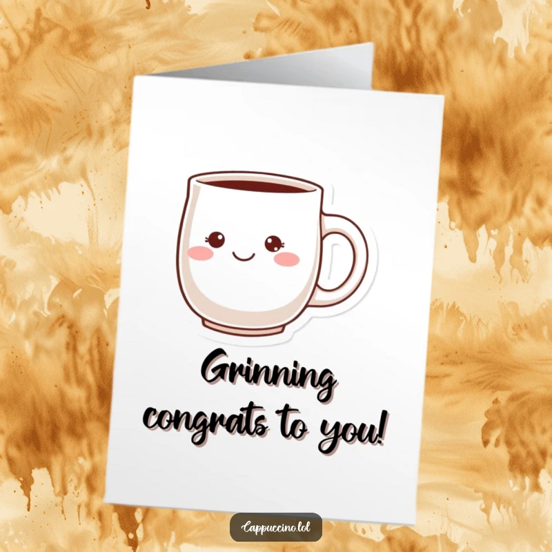 Funny free printable congratulations card of a blushing ceramic mug character with a cheeky grin. A humorous downloadable gift.