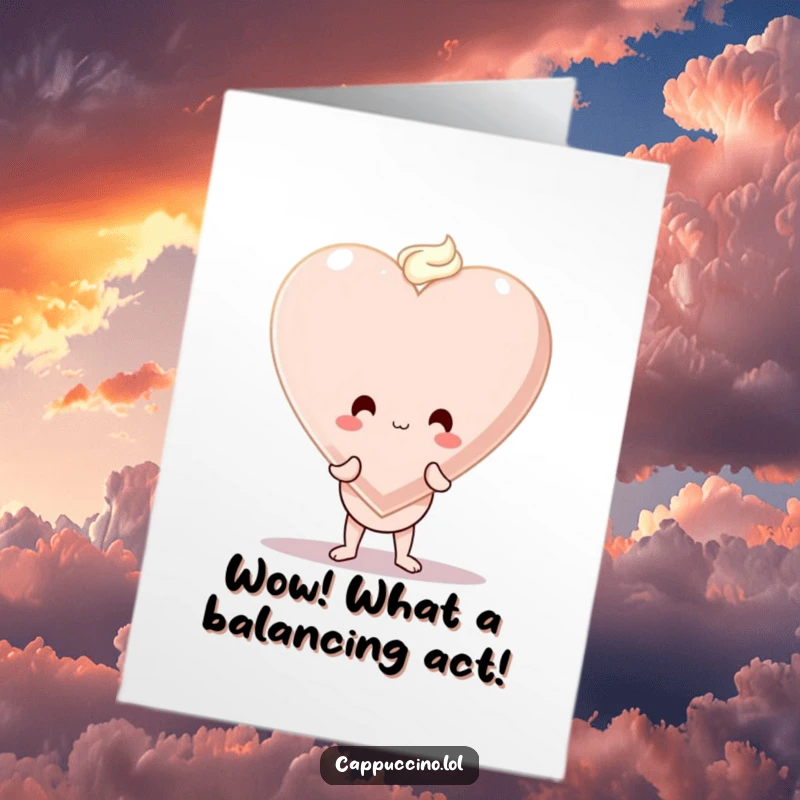 Funny Free Printable Congratulations Card: A wobbly cappuccino character trying to balance a large foam heart, celebrating success.