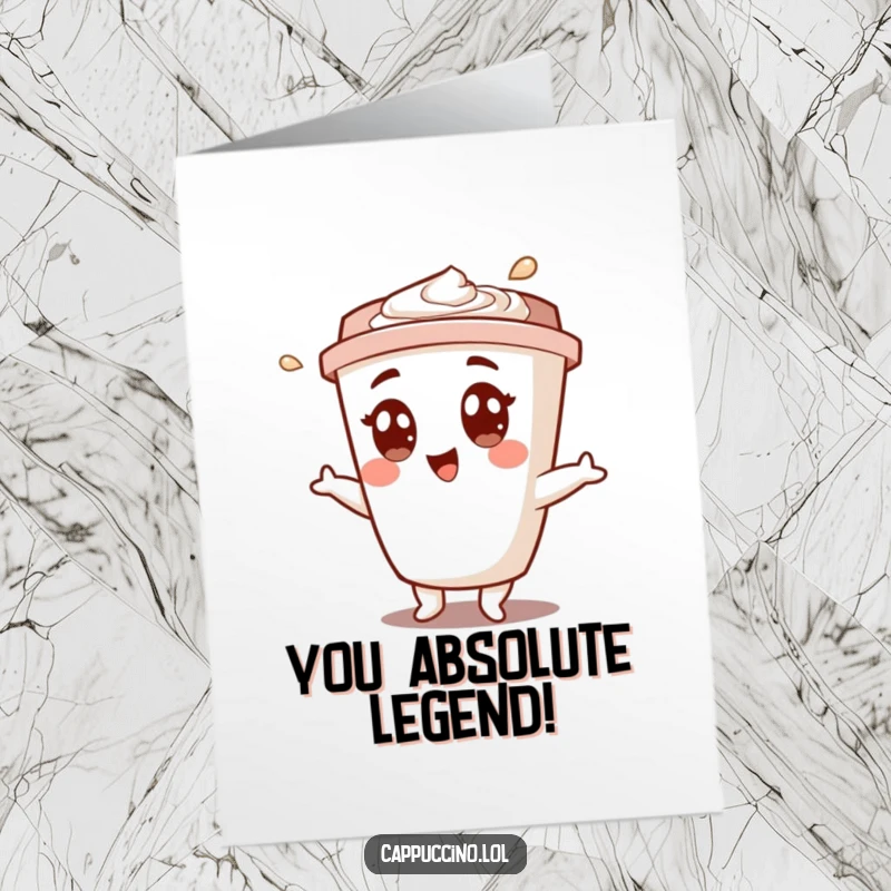 Free Printable Congratulations Card: Joyful cappuccino cup character doing a happy shimmy, celebratory coffee art.