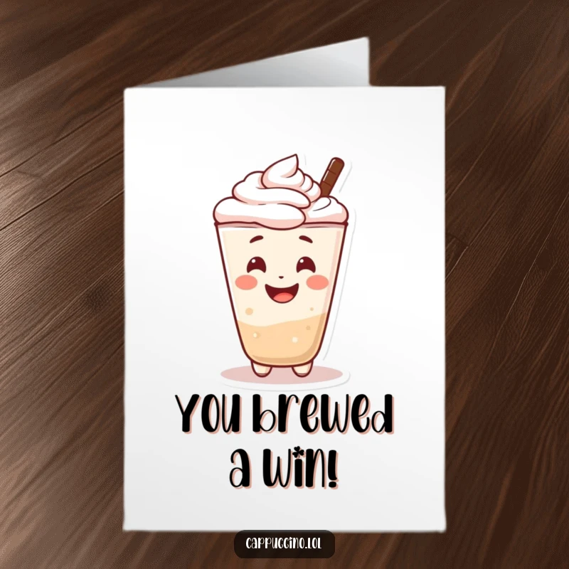 Funny Free Printable Congratulations Card: A cheerful cappuccino foam character beaming with a smile, celebrating a wonderful achievement.
