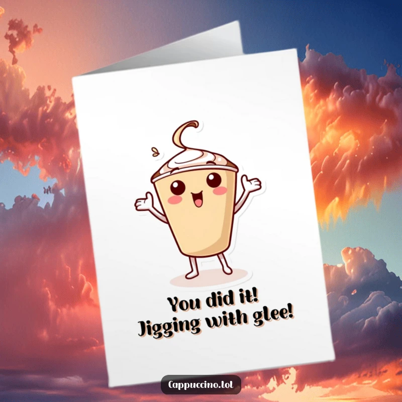 Funny Free Printable Congratulations Card: A cheerful cappuccino cup character doing a celebratory jig, perfect for congratulating someone.