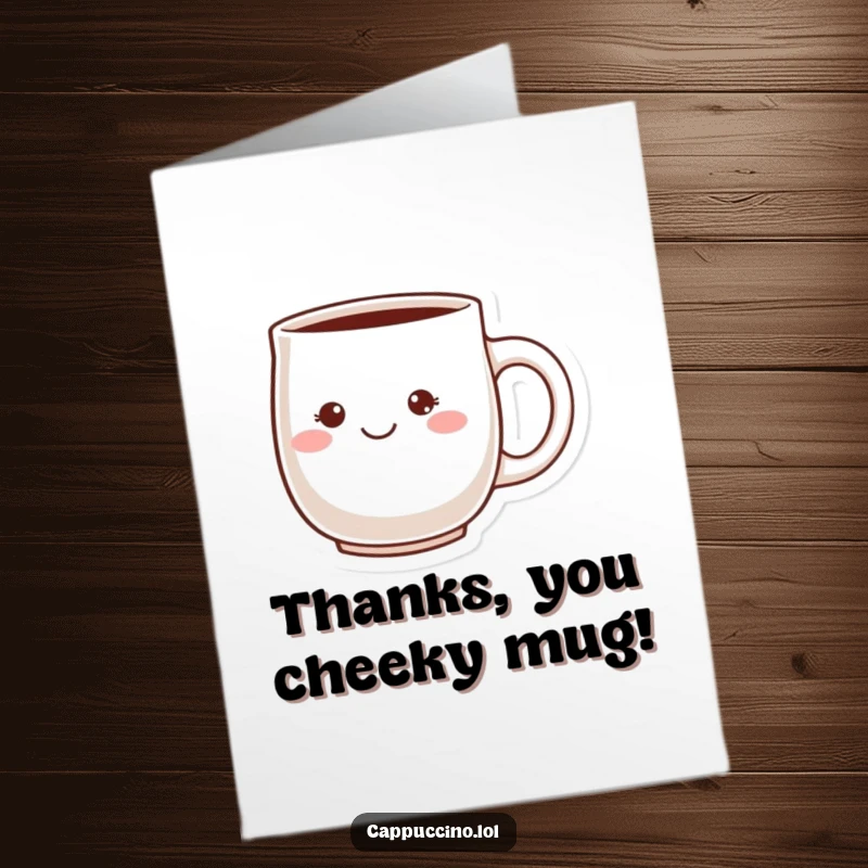Funny free printable thank you card with a blushing ceramic mug character and a cheeky grin. A charming downloadable gift.