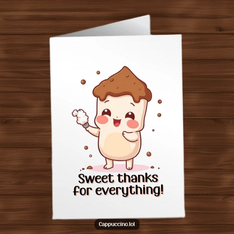 Funny free printable thank you card with a cheerful cocoa powder character playfully dusting itself. A sweet downloadable gift.