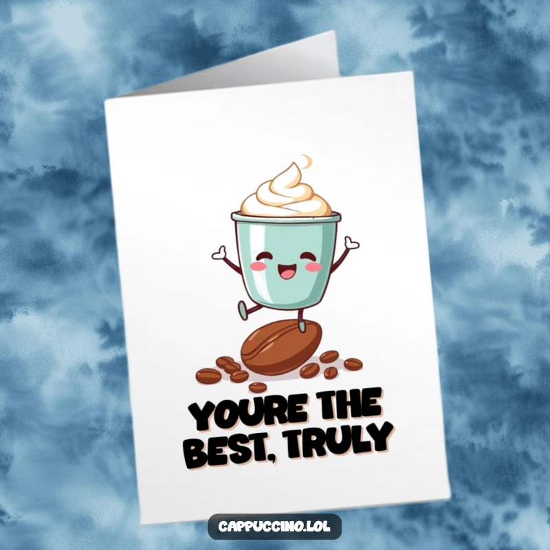 Funny Free Printable Thank You Card: Elated cappuccino cup character jumping on a coffee bean, coffee art.