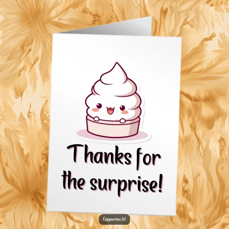 Funny free printable thank you card with a playful frothy coffee lid character expressing surprise. A charming downloadable gift.