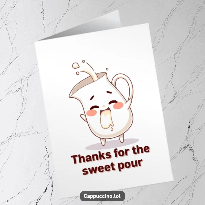 Funny Free Printable thank you card: A mischievous milk pitcher character is shown pouring a stream of giggles.