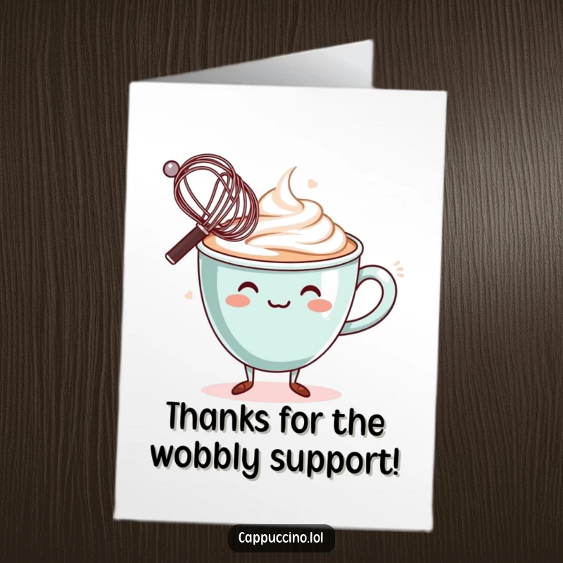 Funny Free Printable Thank You Card: Wobbly Cappuccino Cup Trying to Keep a Miniature Whisk Balanced on its Rim.