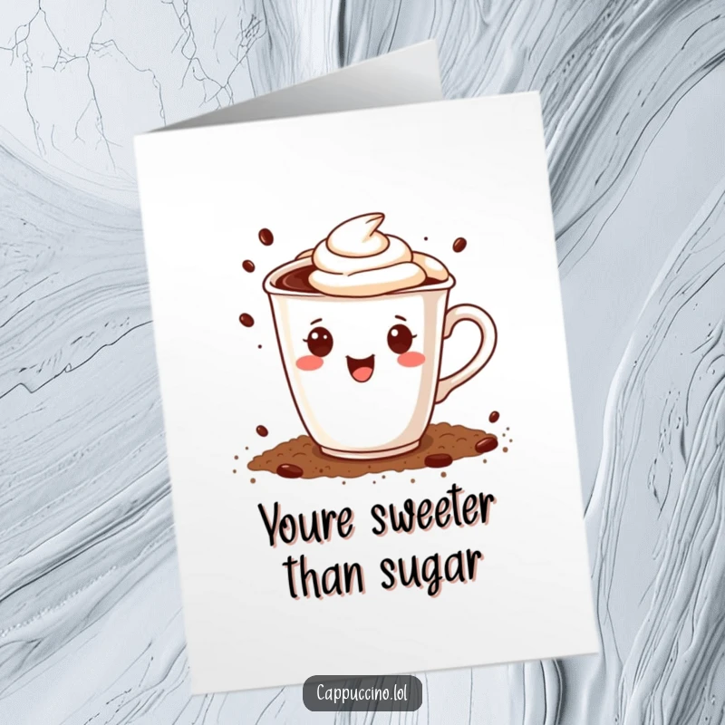 Funny Free Printable Thank You Card: Happy cappuccino cup character sprinkling cocoa powder, sweet coffee decor.