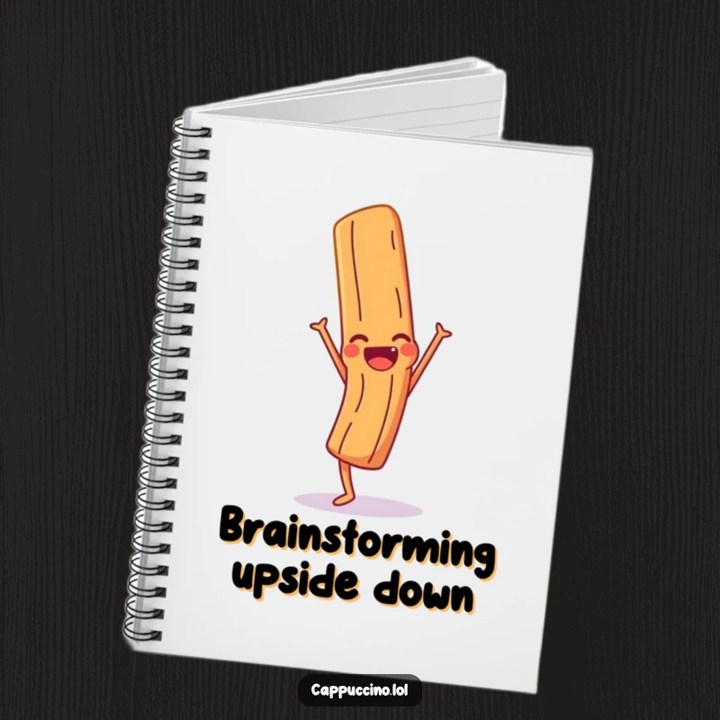 Funny Notebook cover featuring a giggling cinnamon stick character in a handstand, inspiring playful writing.