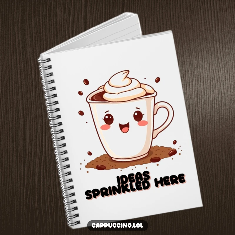 Funny notebook cover with a happy cappuccino cup character joyfully sprinkling cocoa powder, encouraging sweet thoughts and smiles.