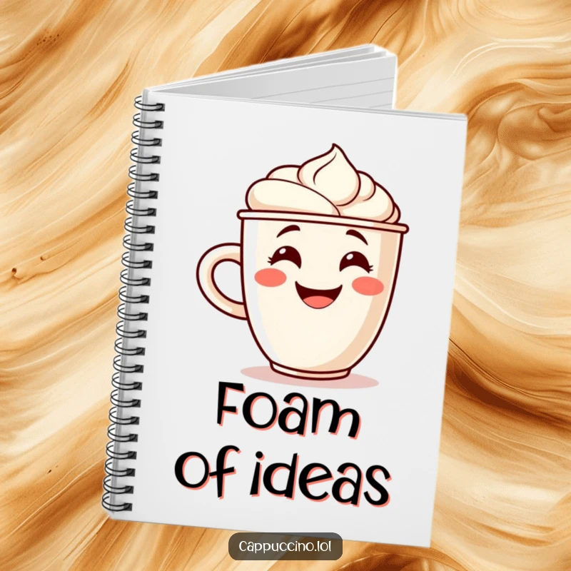 Funny notebook featuring a grinning cappuccino cup character with a foam swirl cheering, perfect for writing and planning.