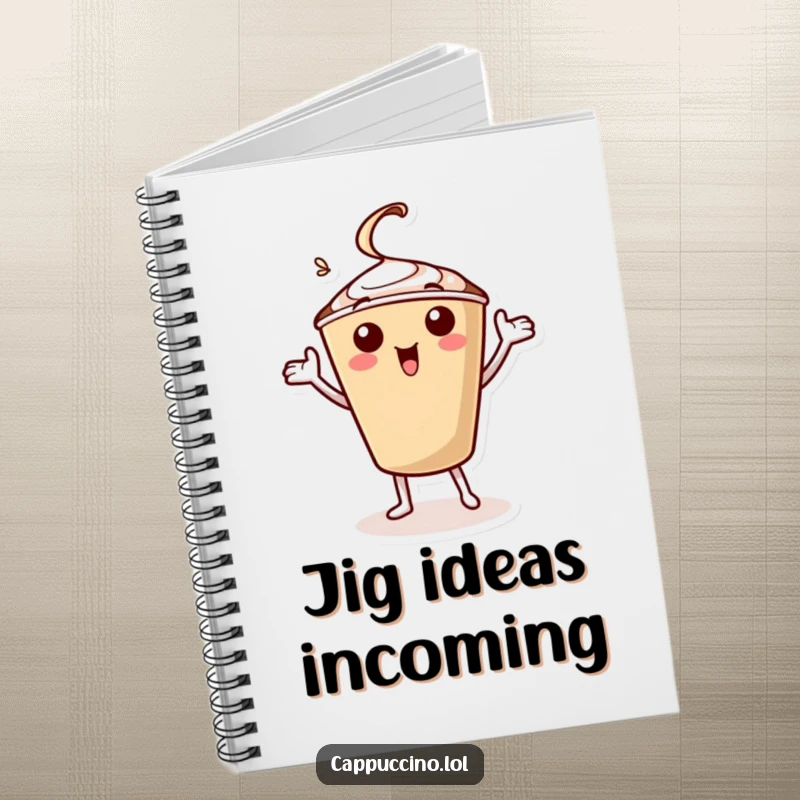 Funny notebook featuring a joyful cappuccino cup character performing a celebratory jig with its arms, perfect for note-taking.