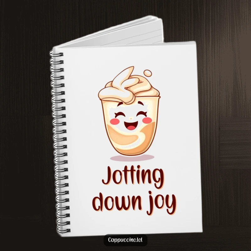 Funny cappuccino swirl notebook, character morphing into a laughing face, creative journal, perfect humorous writing gift.
