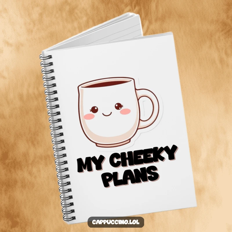 Funny Cheeky Grin Notebook showing a blushing ceramic mug character with a playful grin, perfect for jotting down ideas with whimsical energy.