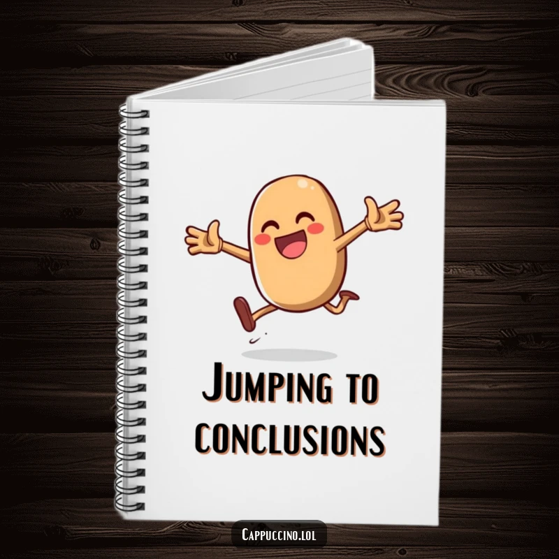 Funny Daring Jump Bean Notebook showing a gleeful coffee bean character mid-jump, perfect for jotting down energetic ideas and daring plans.