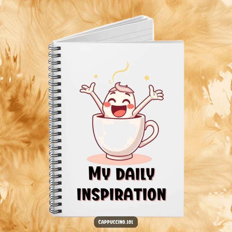 Funny Notebook cover featuring a delighted espresso shot character leaping energetically into a coffee cup, ready for notes.