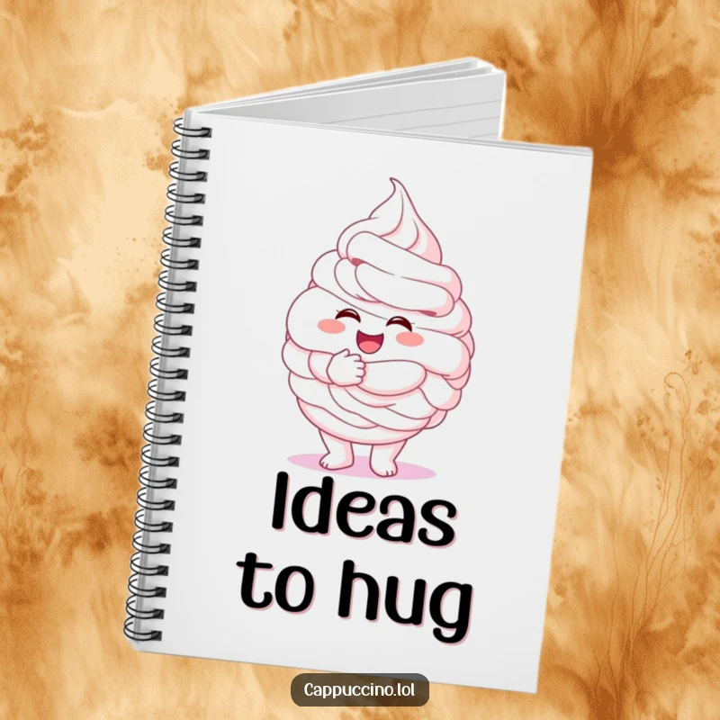 Funny whipped cream notebook, excited character giving a giant fluffy hug, sweet journal, perfect humorous writing gift.